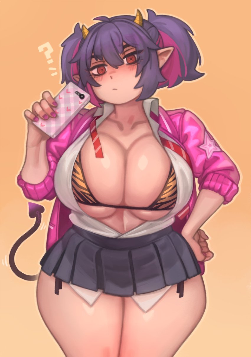 1girls big_breasts blush breasts demon_tail eye_contact female female_only horns kelvin_hiu looking_at_viewer mary_(kelvin_hiu) miniskirt original pointy_ears purple_hair red_eyes skirt solo standing succubus tail thick_thighs thighs twintails