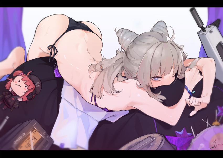 1girls aa-12_(girls'_frontline) aa-12_(smokeless_lollipop)_(girls'_frontline) absurdres ass back bikini black_bikini blue_eyes bracelet character_doll cone_hair_bun double_bun fataaa female girls'_frontline grey_hair gun hair_bun heart heart-shaped_pupils highres jacket jacket_removed jewelry letterboxed long_hair looking_at_viewer lying mp7_(girls'_frontline) on_stomach one_eye_closed radio shotgun solo swimsuit symbol-shaped_pupils weapon