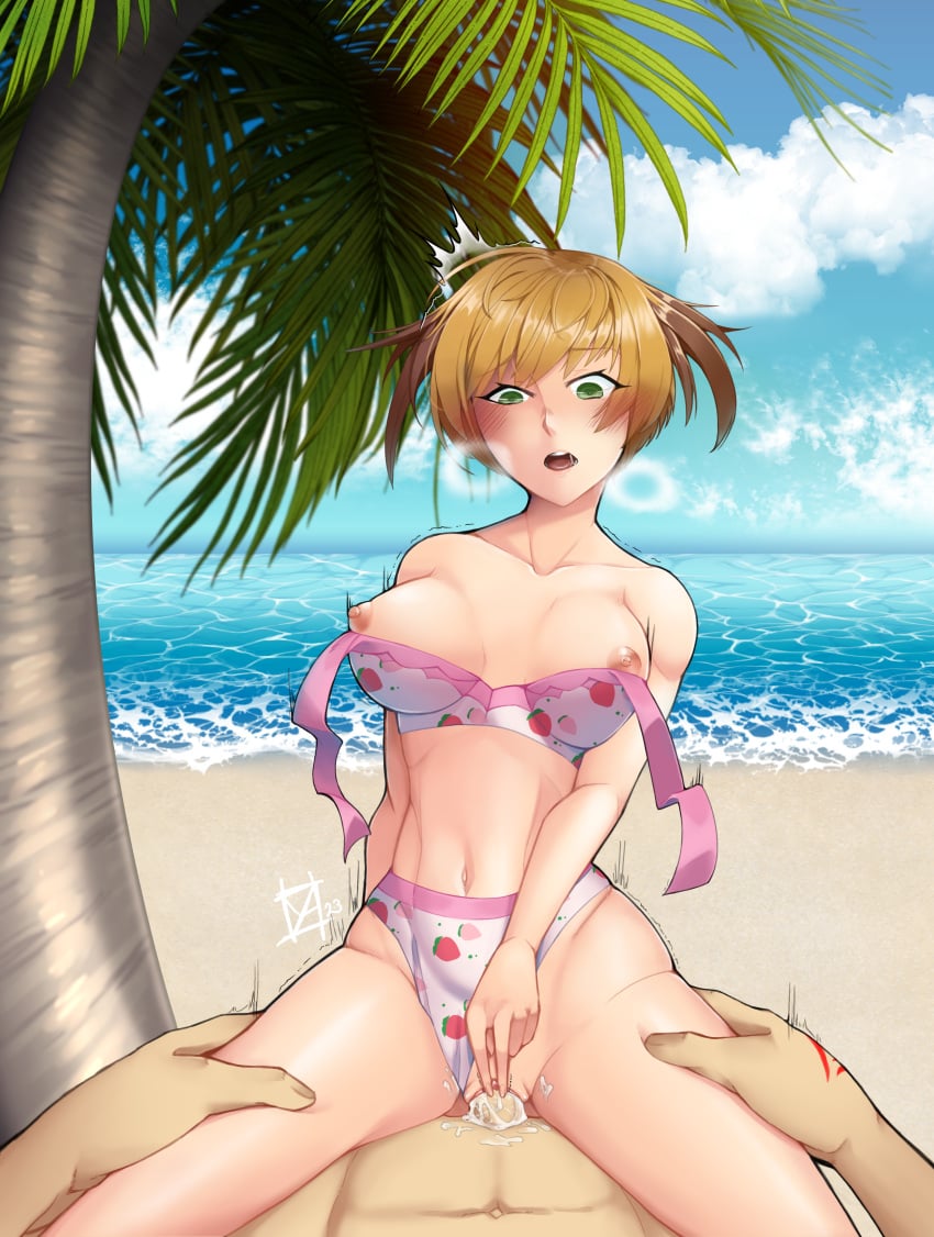 1boy abs absurdres bare_shoulders beach bikini blonde_hair blue_sky blush blush_stickers breasts clitoral_stimulation clothing_aside cloud cowgirl_position cowgirl_position cum cum_in_pussy cum_on_legs day fate/grand_order fate_(series) female food_print fujimaru_ritsuka_(male) gareth_(fate) gareth_(swimsuit_saber)_(fate) gareth_(swimsuit_saber)_(second_ascension)_(fate) green_eyes hands_on_another's_thighs highres large_breasts motion_lines navel nipples non-web_source ocean one_eye_closed outdoors palm_tree penis saliva saliva_trail sand sex signature sky smile solo_focus straddling straight strawberry_print swimsuit swimsuit_aside tree trembling vaginal_penetration wardrobe_malfunction water yashi_(soxidized)