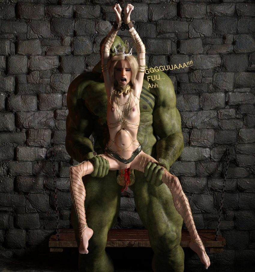 1boy 1girls 3d arms_above_head arms_up big_dom_small_sub blonde_hair body_chains bondage bound bound_wrists bulge captured chains dialogue elf elf_female english_dialogue english_text enslaved_royal female larger_male male orc original_character pierced_nipples piercing princess pussy rape scared sex_slave size_difference slave slave_collar slavegirl small_breasts smaller_female stomach_bulge that3dartist tied_up vanora virgin virginal_blood