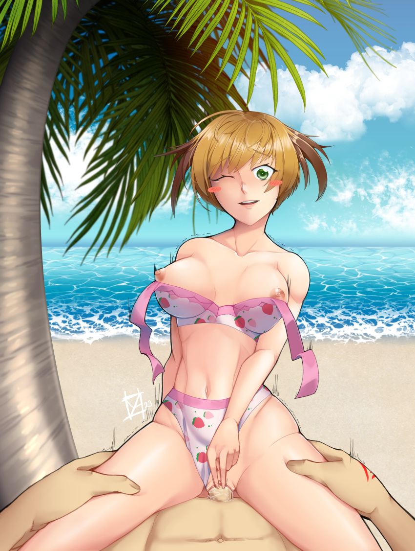 1boy abs absurdres bare_shoulders beach bikini blonde_hair blue_sky blush blush_stickers breasts clitoral_stimulation clothing_aside cloud cowgirl_position cowgirl_position day fate/grand_order fate_(series) female food_print fujimaru_ritsuka_(male) gareth_(fate) gareth_(swimsuit_saber)_(fate) gareth_(swimsuit_saber)_(second_ascension)_(fate) green_eyes hands_on_another's_thighs highres large_breasts motion_lines navel nipples non-web_source ocean one_eye_closed outdoors palm_tree penis sand sex signature sky smile solo_focus straddling straight strawberry_print swimsuit swimsuit_aside tree trembling vaginal_penetration wardrobe_malfunction water yashi_(soxidized)