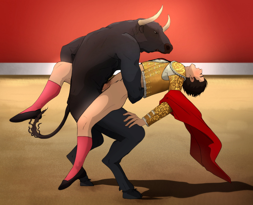 anal anal_sex anthro arched_back arena ass big_dom_small_sub blush bovid bovine bullfighter bullfighting carrying carrying_another carrying_partner cattle digital_media_(artwork) dominant dominant_male dramatic_lighting dramatic_pose drijuce duo furry gay gay_domination gay_sex genitals hi_res hooves horn human human_on_anthro humanoid_genitalia humanoid_penis interspecies larger_anthro looking_pleasured male male/male male_only mammal moan penetration penis sand sex size_difference smaller_human smaller_penetrated spain standing standing_sex stretching tail yaoi