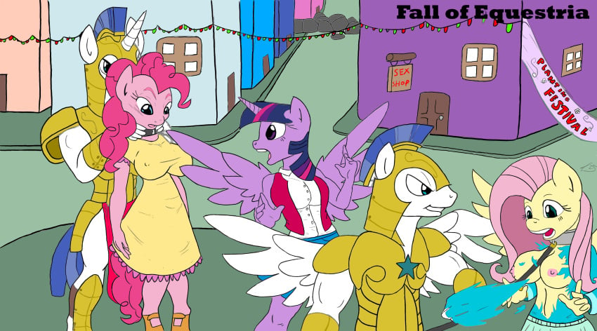 2023 absurd_res anthro collar color_edit colored edit fall_of_equestria female fluttershy_(mlp) friendship_is_magic group hasbro hi_res male male/female my_little_pony pinkie_pie_(mlp) royal_guard_(mlp) slashysmiley straight_hair twilight_sparkle_(mlp)