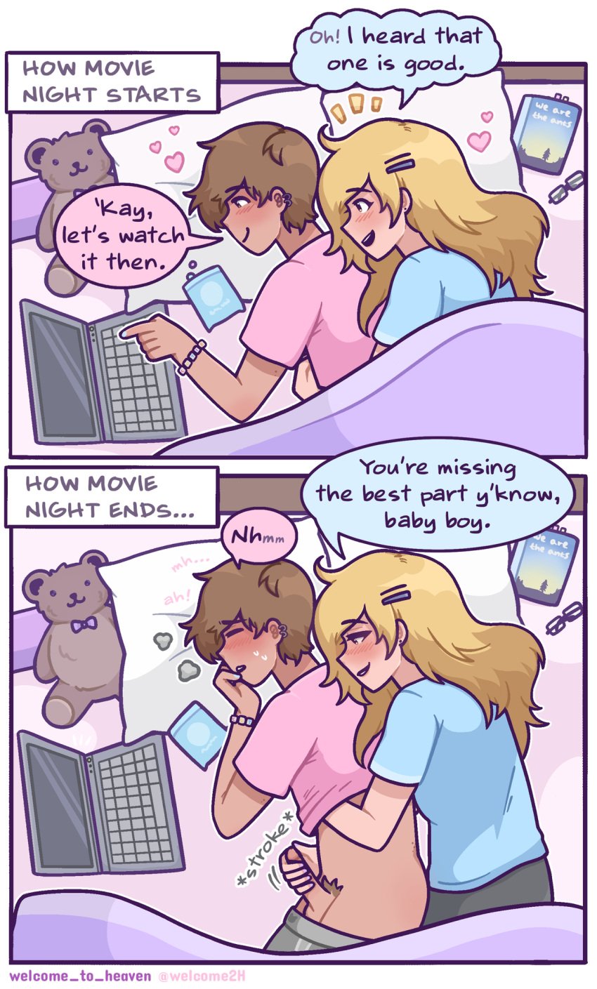 1boy 1girls 5_fingers blush brown_hair comic comic_strip computer english_text female glasses hand_under_clothes hand_under_shirt handjob heart laptop long_hair male male/female pillow pillows plushie pubic_hair spoon_position spooning stuffed_animal teddy_bear text text_box text_bubble uncensored welcome_to_heaven