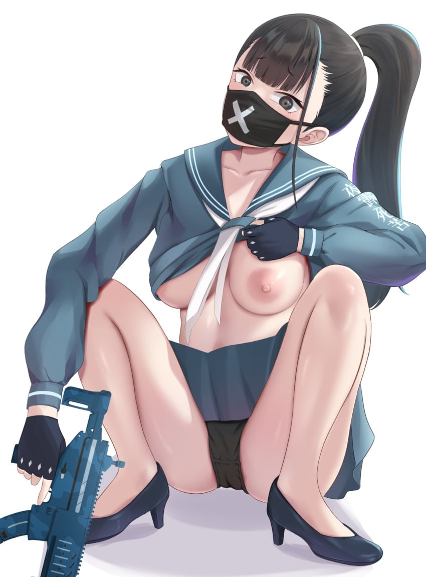 1girls big_breasts blue_archive breasts busty curvaceous curvy curvy_body curvy_female curvy_figure female gun huge_breasts large_breasts mask nipples pantyshot pantyshot_(squatting) run_jo3 sukeban_(smg)_(blue_archive) voluptuous weapon