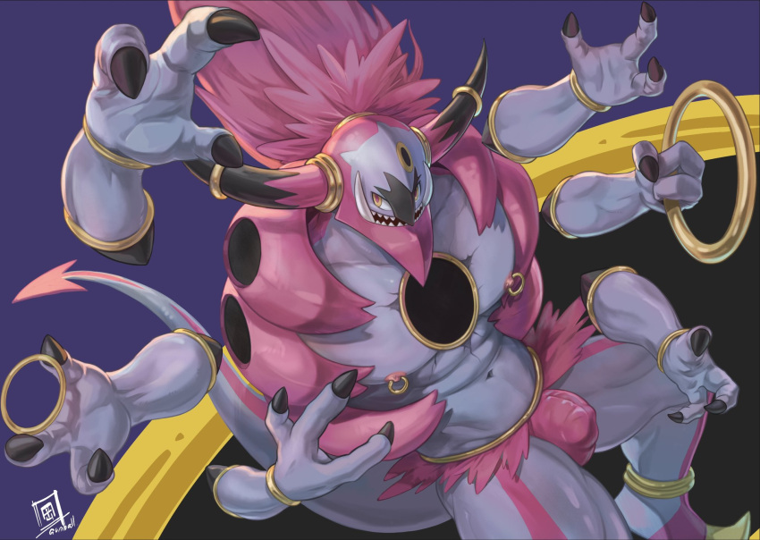 anthro benoitxie big_fangs bottomwear bulge clothing detailed_bulge floating_arms generation_6_pokemon genital_outline hair hi_res highlights_(coloring) hoopa hoopa_(unbound) horn legendary_pokemon loincloth male male_only markings multi_arm multi_limb muscular muscular_anthro muscular_male navel nintendo nipple_piercing nipples penis_outline piercing pink_hair pink_highlights pokemon pokemon_(species) purple_body ring sharp_teeth solo stripes teeth yellow_markings