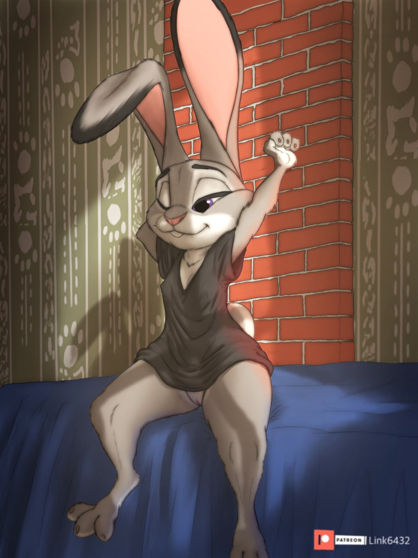 anthro bed big_ears bottomless claws clothed clothing disney female fur furniture genitals grey_body grey_fur hi_res judy_hopps link6432 long_ears narrowed_eyes nipple_outline on_bed one_eye_closed purple_eyes pussy shirt sitting solo stretching t-shirt topwear waking_up zootopia