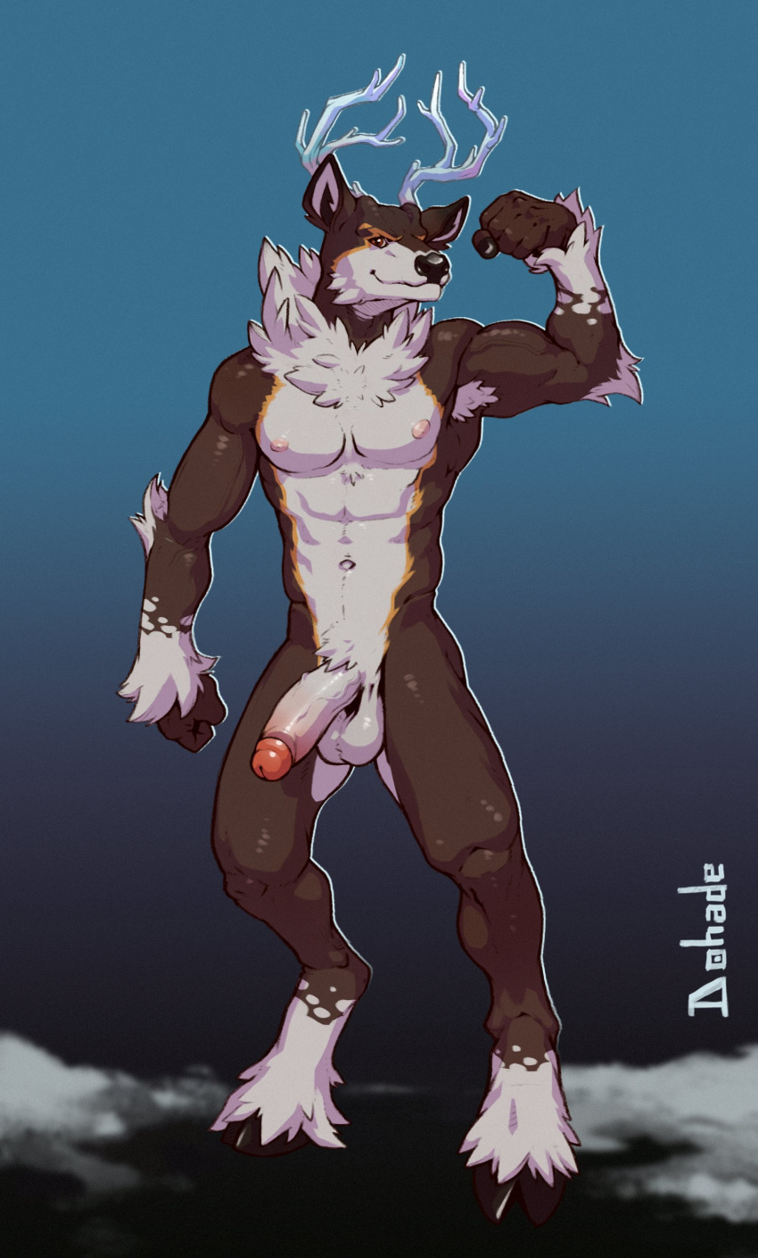 1boy absurd_res ankle_tuft anthro antlers arm_tuft armpit_hair balls body_hair brown_body brown_fur crotch_tuft dohade flexing flexing_bicep fur generation_5_pokemon genitals hi_res hooves horn humanoid_genitalia humanoid_penis leg_tuft looking_at_viewer male male_only muscular muscular_anthro muscular_male navel neck_tuft nintendo nipples penis pokemon pokemon_(species) red_eyes sawsbuck smile snow solo tuft vein white_body white_fur winter_sawsbuck wrist_tuft