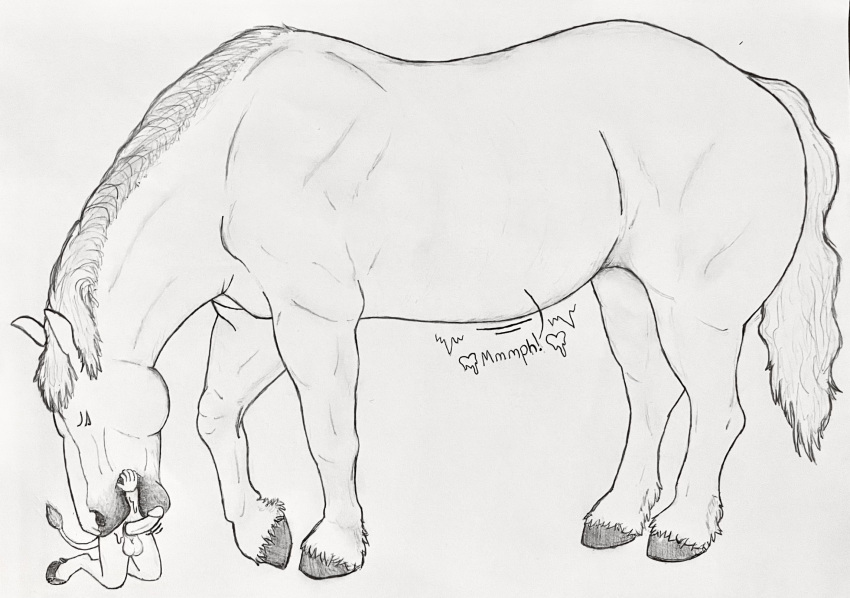 ambiguous_gender anthro balls bodily_fluids body_in_mouth bovid bovine cattle equid equine erection feral feral_pred genitals graphite_(artwork) group heart hgythshs hi_res horse in_mouth larger_ambiguous larger_feral male mammal mane monochrome penis saliva size_difference smaller_anthro smaller_male traditional_media_(artwork) trio vore willing_prey