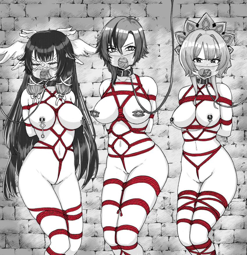 3girls arlecchino_(genshin_impact) arm_behind_back arms_behind_back between_breasts black_and_white black_choker blush bondage bound_arms bound_legs bound_together breast_bondage breasts choker closed_eyes clothes_gag columbina_(genshin_impact) crotch_rope dungeon ecchinoidea embarrased_nude_exposure embarrassed embarrassed_nude_female enf female female_only femsub gag gagged genshin_impact headwear_request high_resolution human improvised_gag kidnapped large_filesize leash looking_at_viewer moontraveller multiple_girls multiple_subs nipple_bells nipple_chain nipple_clamps nipple_tweak nipples no_bra nopan nude pantsu panty_gag red_rope restrained rope sandrone_(genshin_impact) shaved_crotch underwear very_high_resolution