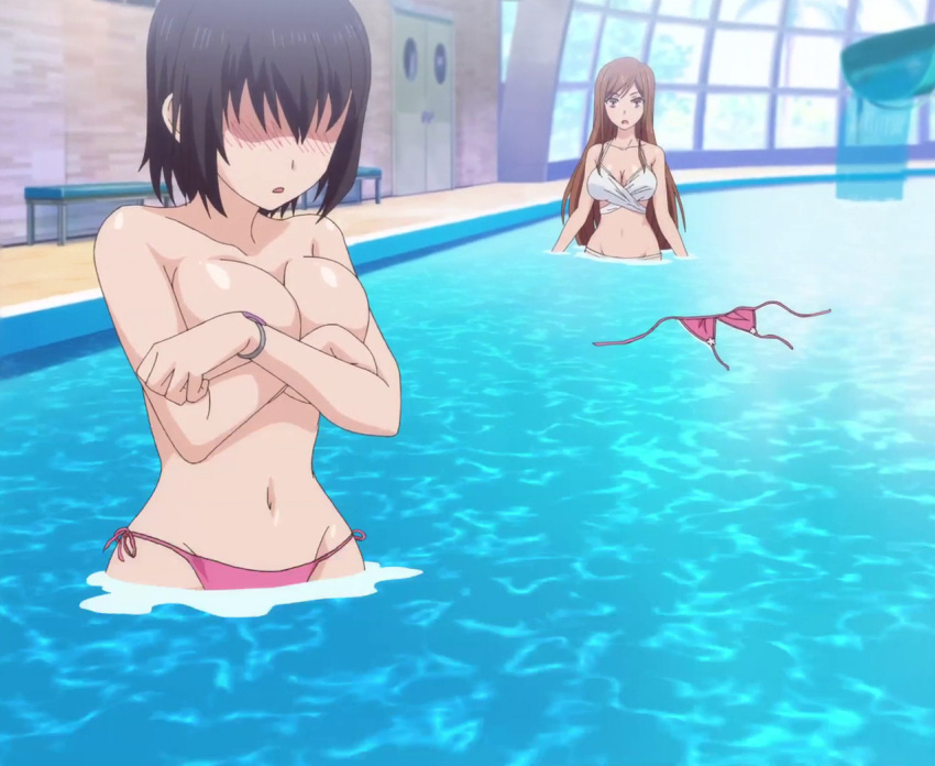 2girls bikini_malfunction embarrassed enf female female_only kotone_shirakawa multiple_girls official_art overflow_(series) screencap screenshot shirakawa_ayane shirakawa_kotone stitched