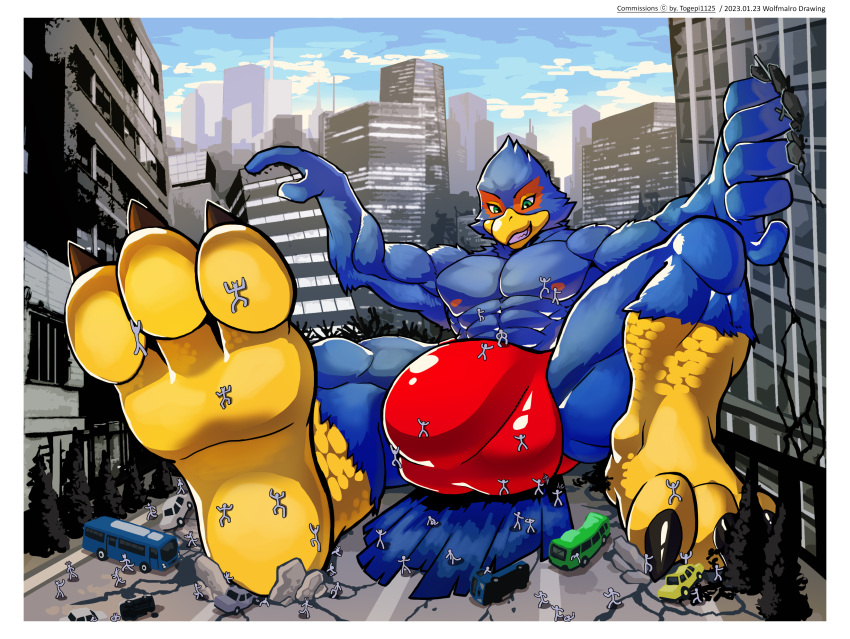 1boy absurd_res anthro avian beak bird blue_body building bulge bus car city clothing commercial_vehicle destruction falco_lombardi feet flaccid genital_outline hi_res macro male male_only nintendo public_transportation sitting solo speedo star_fox swimwear vehicle vehicle_for_hire wolfmalro worship