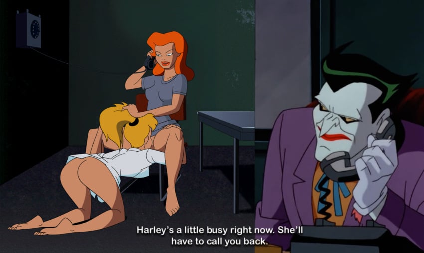 1boy 2girls accurate_art_style ass ass_up batman:_the_animated_series batman_(series) big_ass blonde_hair cheating cheating_girlfriend clothing cuck cucked_by_lesbian cuckold cuckolding cunnilingus dc dc_comics dcau dialogue eating_pussy faceless_female hair_grab harleen_quinzel harley_quinn holding_phone legs_apart lipstick long_hair modernww2fare netorare no_panties no_pants phone phone_call poison_ivy poison_ivy_(dcau) ponytail red_hair redhead shirt text the_joker yuri