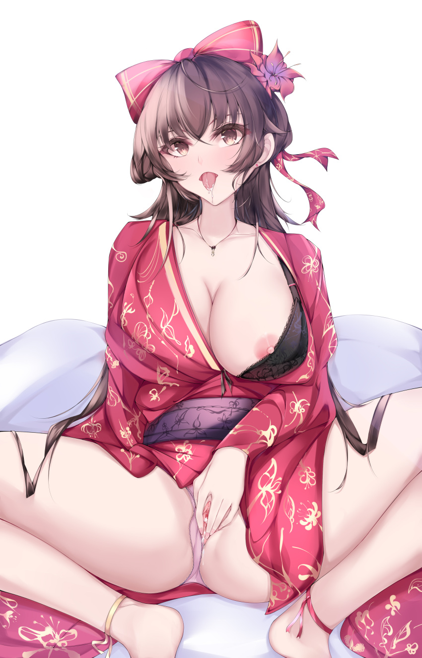 1921494015 absurdres black_bra bow bra breasts brown_eyes brown_hair clothing_aside copyright_request female hairbow highres japanese_clothes jewelry kimono large_breasts long_sleeves looking_at_viewer necklace nipple_slip nipples obi one_breast_out panties panties_aside pink_panties pussy pussy_juice red_bow red_kimono saliva sash sitting solo spread_legs tongue tongue_out underwear wide_sleeves