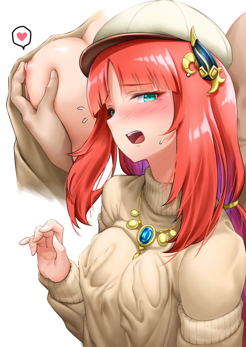 1boy 1girls blue_eyes blush breasts erect_nipples female genshin_impact groping hetero nilou_(genshin_impact) nipples red_hair royboy sweater turtleneck_sweater winter_clothes