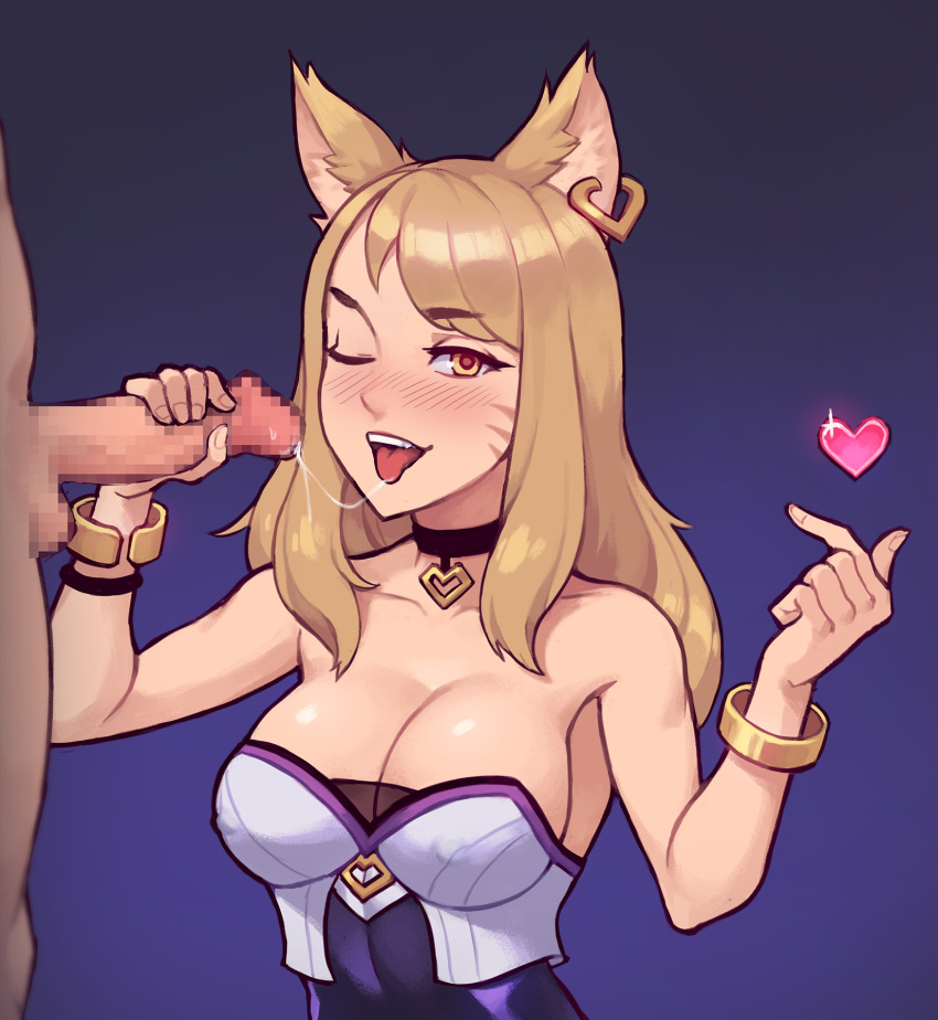 1boy ahri animal_ears bangs bare_shoulders black_choker blonde_hair blush bracelet breasts censored choker collarbone covered_nipples earrings erection female finger_heart fox_ears gradient_background handjob heart heart_earrings highres jewelry k/da_ahri k/da_series large_breasts league_of_legends long_hair male mosaic_censoring official_alternate_costume penis saliva saliva_trail sneakveek testicles tongue tongue_out upper_body