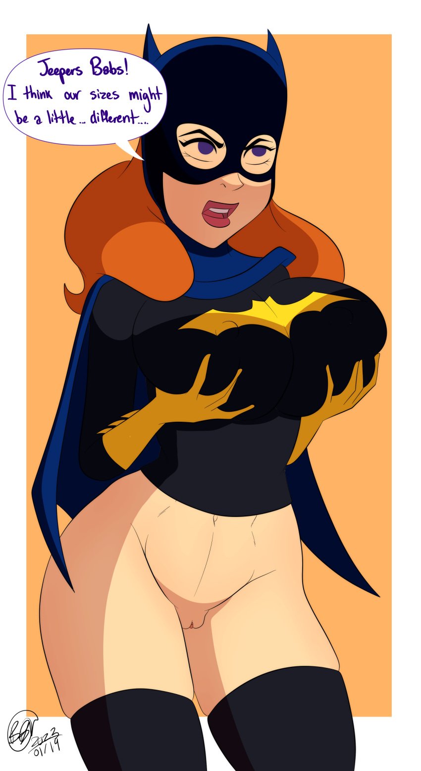 1girls batgirl_(cosplay) batman:_the_brave_and_the_bold big_breasts bottomless bunbunmuffinart daphne_blake english_text erect_nipples erect_nipples_under_clothes exposed_pussy female female_focus female_only grabbing_own_breast hourglass_figure light-skinned_female light_skin long_hair nipple_bulge no_panties no_pants orange_hair partially_clothed purple_eyes pussy scooby-doo scooby-doo!_&_batman:_the_brave_and_the_bold speech_bubble text thick_thighs