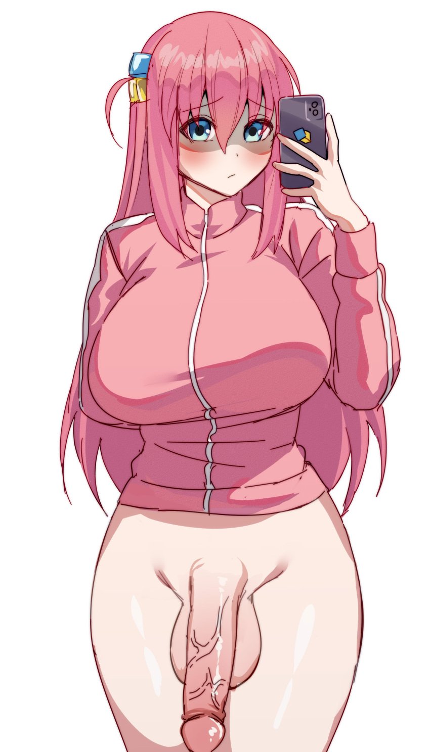 1futa 2023 balls big_breasts big_penis blue_eyes blush bocchi_the_rock! bottomless breasts clothed clothing erection futa_only futanari gotou_hitori hand_behind_back hi_res highres holding_phone huge_breasts huge_cock human light-skinned_futanari light_skin long_hair looking_at_viewer no_panties pale-skinned_futanari pale_skin partially_clothed penis selfie simple_background solo solo_futa standing uyzoc vein veins veiny_penis very_long_hair white_background