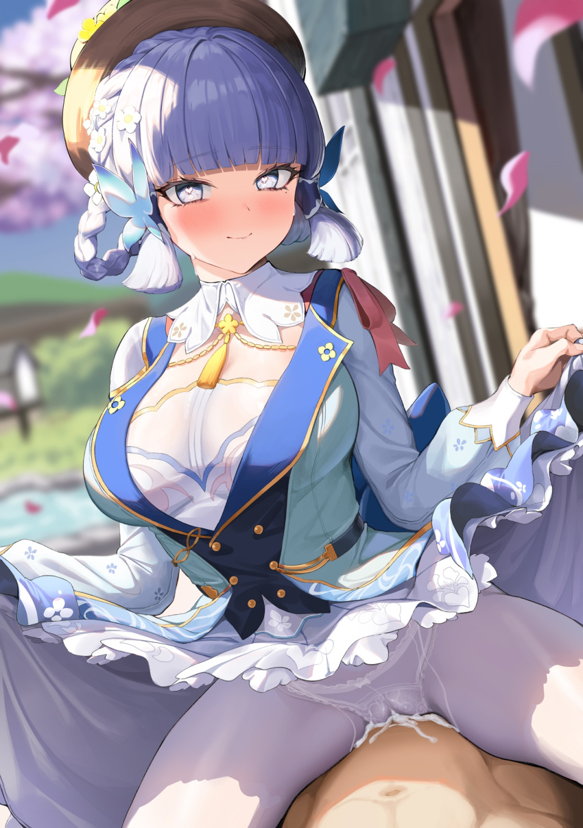 1boy 1girls :) aether_(genshin_impact) alternate_costume aqua_eyes aqua_hair bangs big_breasts blue_eyes blunt_bangs blurry blurry_background blush braid breasts brown_headwear butterfly_hair_ornament cameltoe cherry_blossoms chest clothed_sex clothes_lift collar commentary_request creampie cum cum_in_pussy cum_inside cum_leaking dress dress_lift dutch_angle embarrassed falling_petals female flower genshin_impact greem_bang grey_hair hair_flower hair_ornament hair_rings hat heart heart-shaped_pupils highres holding kamisato_ayaka kamisato_ayaka_(springbloom_missive) large_breasts legwear lifted_by_self light-skinned_female light-skinned_male light_skin long_hair looking_at_viewer male/female male_penetrating_female mole mole_under_eye multicolored_clothes multicolored_dress neck_tassel official_alternate_costume official_alternate_hairstyle outdoors outside panties panties_under_pantyhose pantyhose petals pov seductive sex short_hair sitting sitting_on_person skirt_lift smile solo_focus straight sweatdrop symbol-shaped_pupils tagme thighs tied_hair underwear uniform unprotected_sex white_collar white_flower white_pantyhose