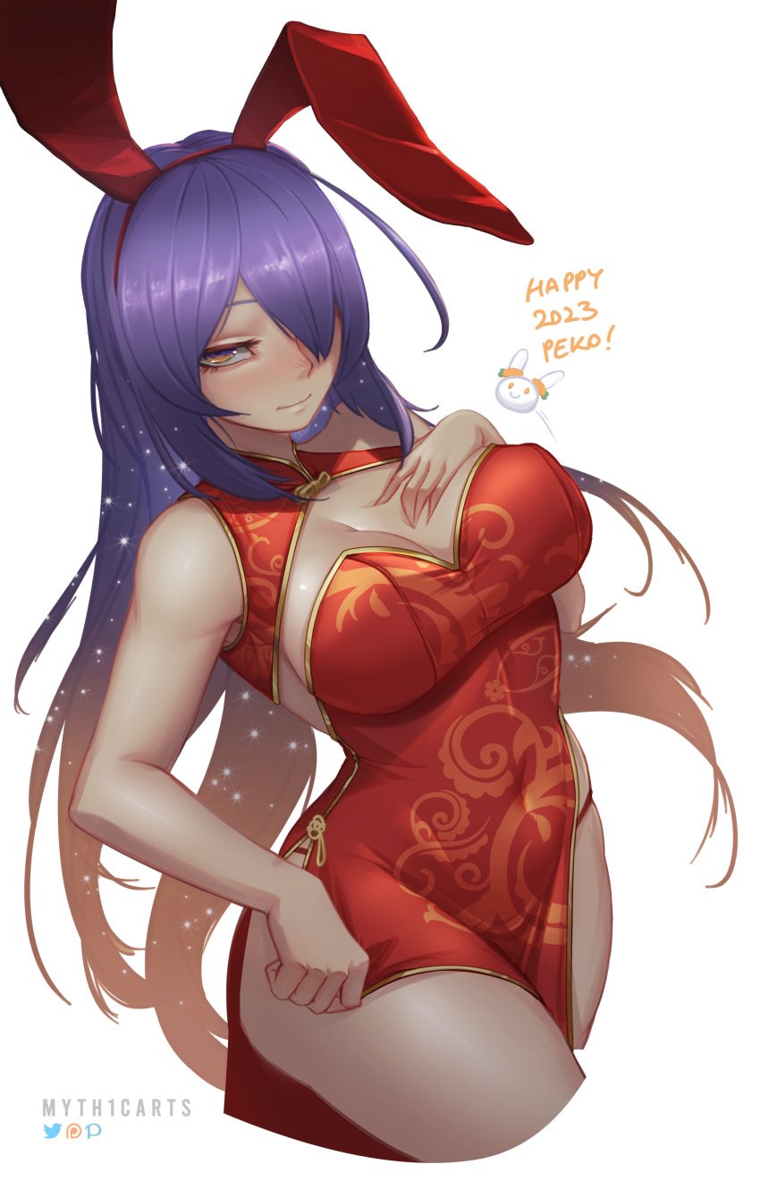 2023 absurdres animal_ears bangs breasts cleavage closed_mouth cropped_legs dress female gold_trim gradient_hair hair_over_one_eye hairband hand_on_own_chest happy_new_year highres hololive hololive_indonesia hololive_indonesia_area_15 large_breasts moona_hoshinova multicolored_hair myth1c nousagi_(usada_pekora) orange_eyes orange_hair panty_straps pelvic_curtain purple_hair rabbit_ears red_dress red_hairband short_dress side_slit simple_background smile solo starry_hair tan thighs two-tone_hair virtual_youtuber white_background