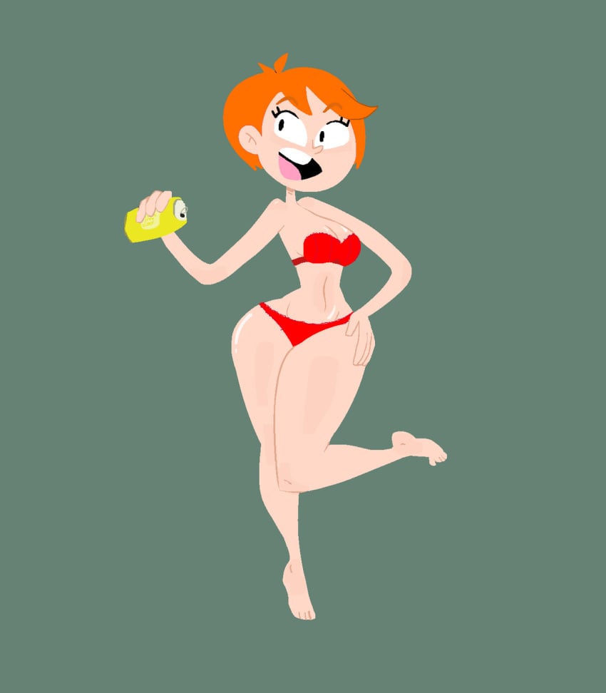 1girls 2022 4_fingers 4_toes alcohol beer beer_can big_ass big_breasts black_eyes cute female gl33zy hand_on_hip hand_on_own_hip orange_hair original red_bikini tagme thick_thighs