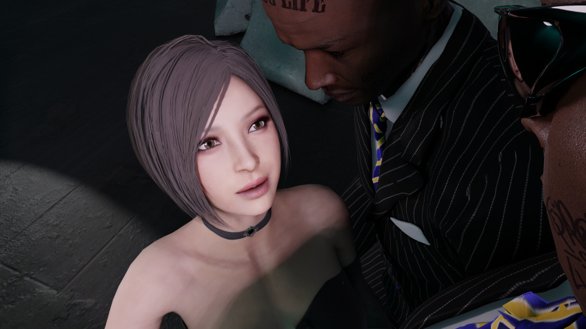 1girls 2boys 3d ada_wong bondage capcom dark-skinned_male female interracial light-skinned_female male reptiliancomics resident_evil resident_evil_3 resident_evil_3_remake threesome unfinishedneme1