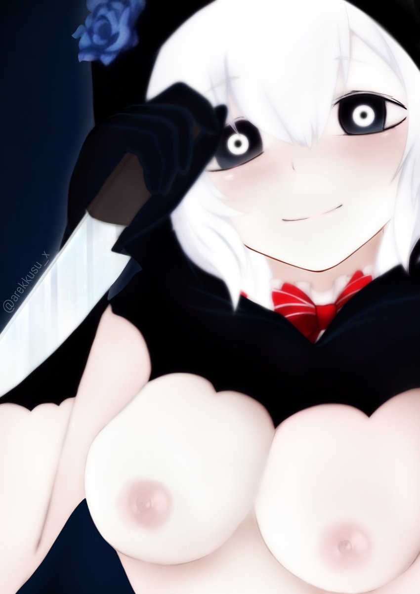 ai_generated areolae big_breasts black_hoodie blush breasts breasts_out creepypasta female jeff_the_killer jeff_the_killer_(ai) knife looking_at_viewer meme nipples pale_skin rule_63 serial_killer smile