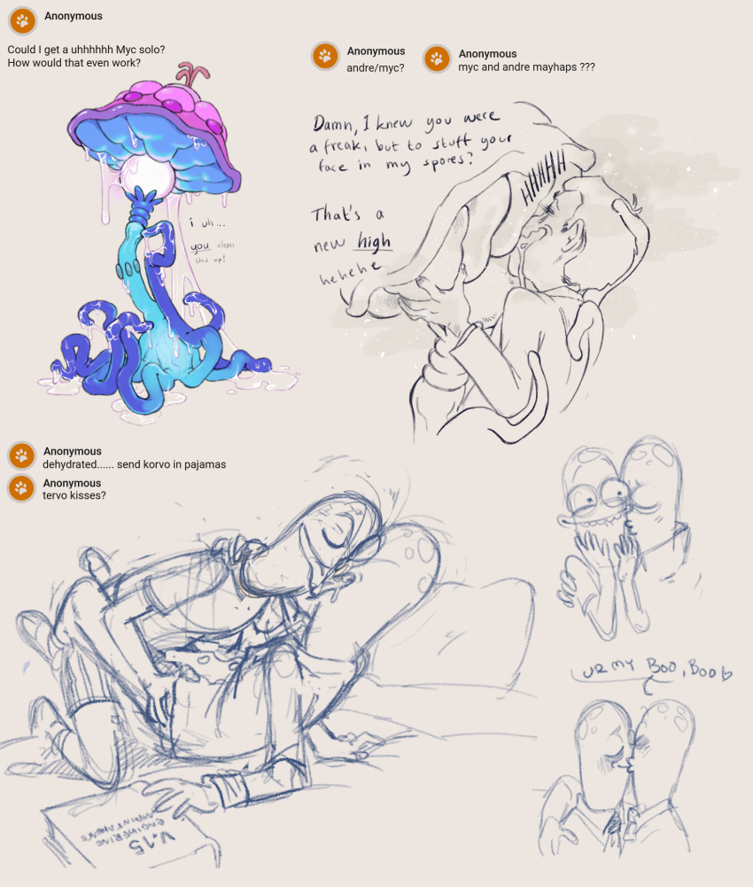 alien andre_lee clothed drooling fluffy fungi_fauna fungus gooey implied_drug_use in_bed inside_job korvo korvo_opposites magic_myc male mucus sketch_page slime solar_opposites spores terry terry_opposites tongue_kiss walnutgecko