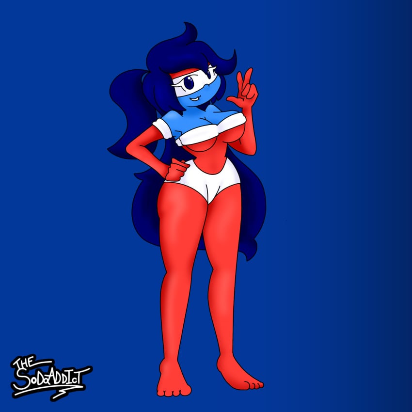 big_breasts big_hair blue_body blue_eyes blue_hair blue_skin breasts feet female female_only giant_breasts gloves long_gloves long_hair massive_breasts no_bra no_panties peace_sign pepsi pepsi-chan pepsi_addict pepsiwoman ponytail pose posing red_gloves rule_63 v