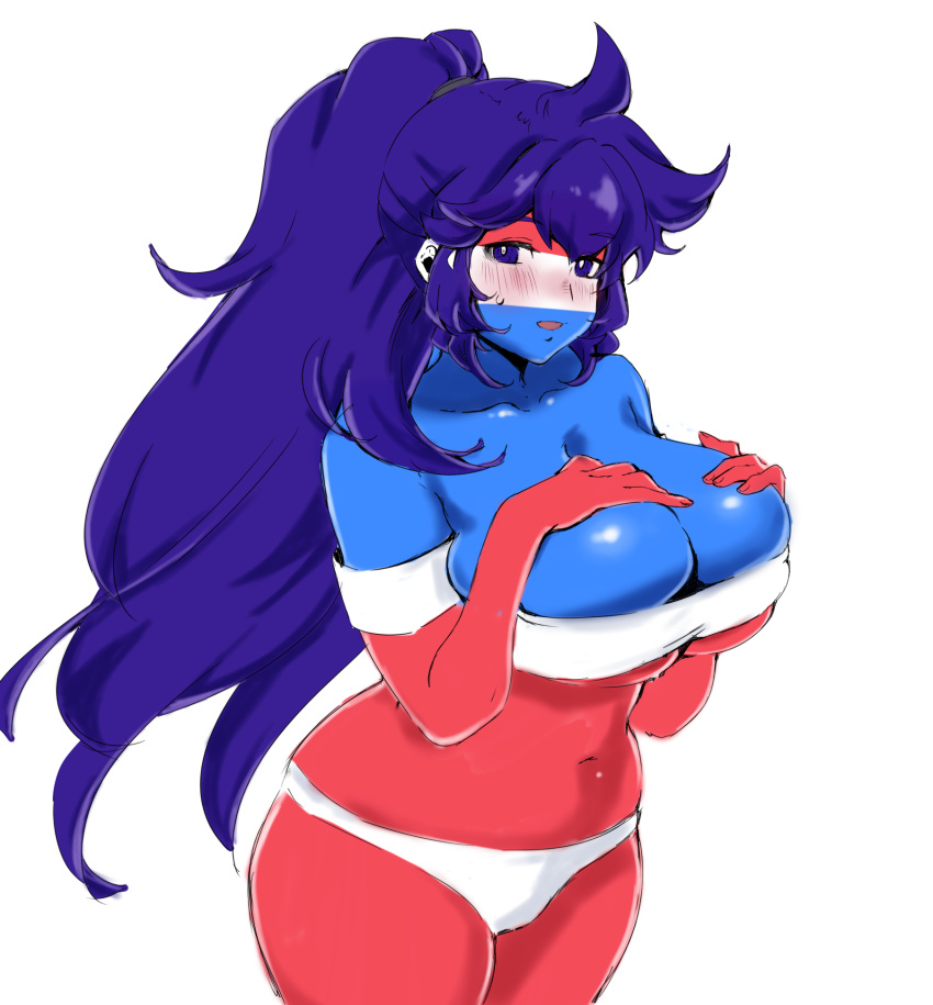 belly belly_button big_breasts big_hair blue_body blue_eyes blue_hair blue_skin blush blushing boobs breasts female female_only flustered giant_breasts gloves hands_on_breasts hands_over_breasts hyn_uka long_gloves long_hair massive_breasts no_bra no_panties pepsi pepsi-chan pepsiwoman ponytail pose posing red_gloves rule_63 thick thick_ass thick_hips thick_legs thick_thighs