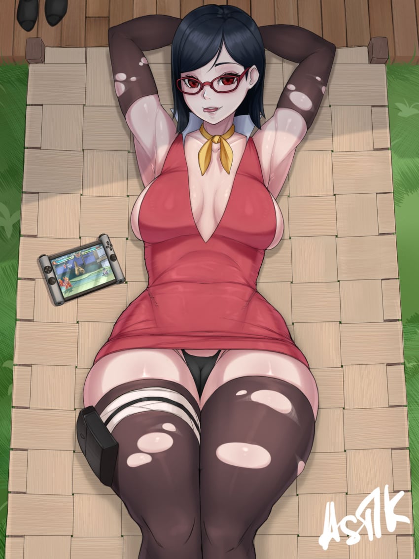 1girls aged_up alternate_costume arm_warmers armpit_fetish armpits arms_up armwear astlk bandage bandaged_leg bedroom_eyes big_breasts black_hair black_legwear black_panties black_thong boruto:_naruto_next_generations busty cameltoe child_bearing_hips cleavage clothed clothing curvaceous curvy curvy_body curvy_female dress erect_nipples erect_nipples_under_clothes female female_focus female_only g-string glasses hi_res high_resolution highres hourglass_figure inner_sideboob large_breasts legs_together legwear light-skinned_female light_skin looking_at_viewer naruto naruto_(series) naughty_face nipple_bulge on_back pale-skinned_female pale_skin panties pose posing pussy red_eyes revealing_clothes ripped_sleeves ripped_stockings sarada_uchiha seductive seductive_eyes seductive_look seductive_mouth see-through see-through_clothing see-through_dress sharingan short_dress short_hair shounen_jump sideboob skimpy skimpy_clothes skimpy_dress solo solo_female solo_focus stockings thick_thighs thighhighs thighs thong tight_dress vagina voluptuous wide_hips