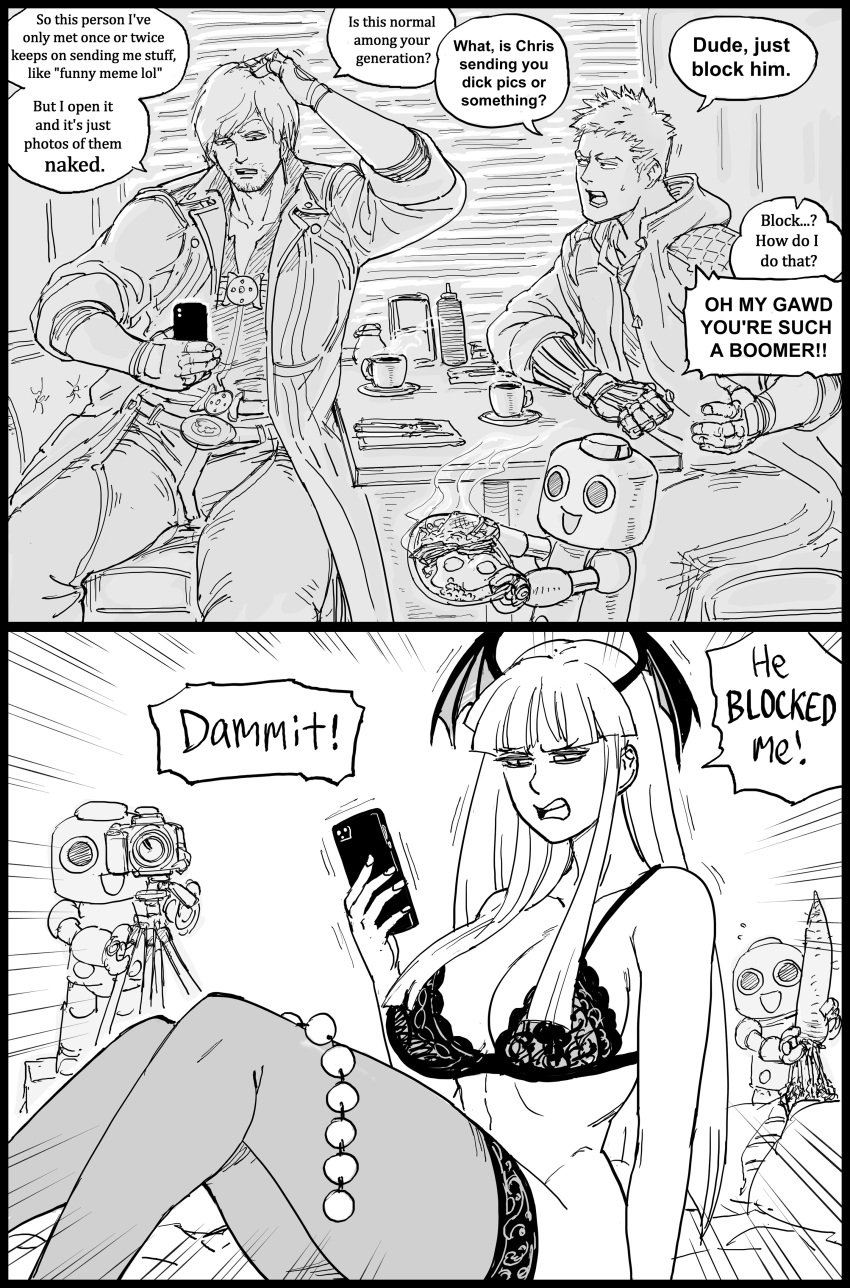 1girls 2boys absurd_res anal_beads bb_(baalbuddy) bra capcom clothing dante darkstalkers devil_may_cry devil_may_cry_5 dialogue english_text female funny large_breasts male mega_man_legends monochrome morrigan_aensland nero_(devil_may_cry) servbot speech_bubble stockings tagme two_panel_image white_background