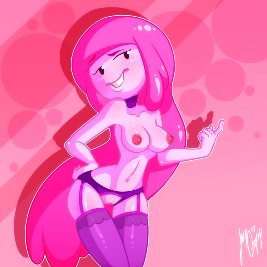 1girls adventure_time blush breasts cartoon_network choker come_hither female garter_straps jay-onjey lingerie long_hair mob_face nipples pink_hair pink_skin princess_bubblegum pussy skimpy skindentation smile solo thighhighs topless