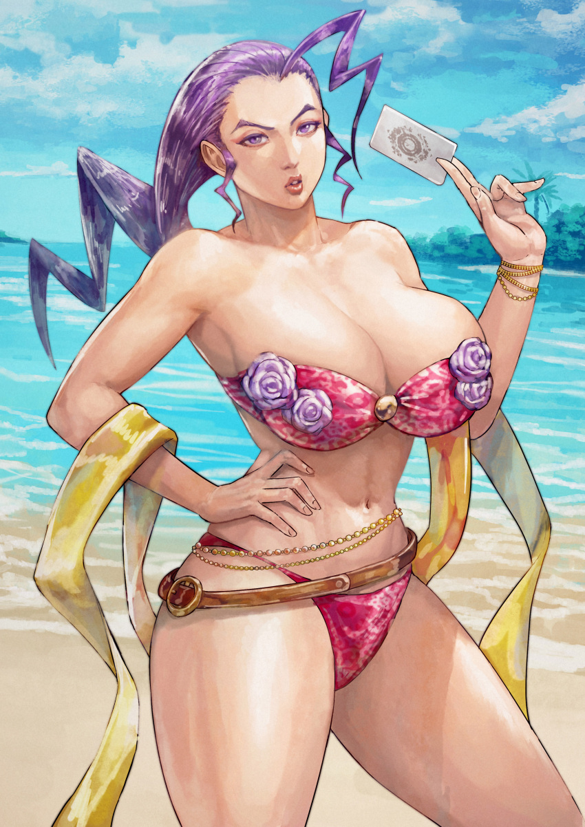 1girls absurd_res beach bikini bikini_bottom bikini_top breasts cirenk curvy hi_res huge_breasts navel purple_eyes purple_hair rose_(street_fighter) sea solo street_fighter street_fighter_v swimsuit waist_chain