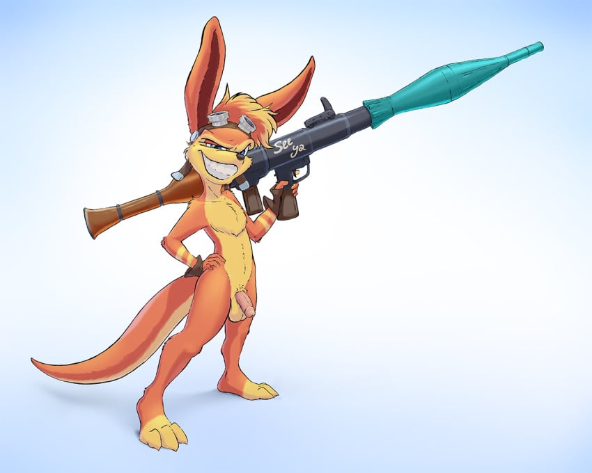 anthro ball casual daxter firearm foxdale_axelrod genitals jak_and_daxter male male_only mammal mustelid naughty_dog nude ottsel penis ranged_weapon rocket_launcher solo sony_corporation sony_interactive_entertainment weapon