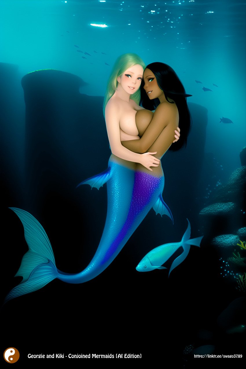 2girls ai_generated ai_reworked ai_translated big_breasts black_hair black_skin blonde_hair breasts busty conjoined conjoined_at_abdomen conjoined_at_pelvis conjoined_twins female female/female female_only fused fusion green_eyes interracial large_breasts merged mermaid mermaid_girl mermaid_tail mermaid_transformation mermaids multi_arm multi_breast multi_head multi_limb multi_torso nude original siamese_twins stuck_together swago3789 tail underwater water white_skin