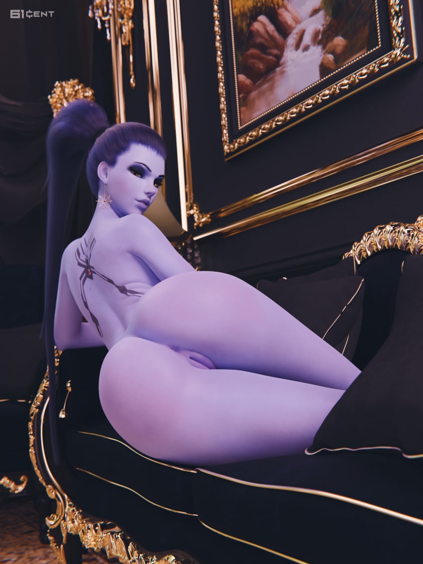 1girls 3d 61cent amelie_lacroix anus ass back_tattoo completely_nude completely_nude_female couch earring earrings female indoors long_hair looking_back lying nude nude_female overwatch overwatch_2 parted_lips ponytail purple_hair purple_skin pussy sofa sole_female solo tattoo vagina violet_skin wallpaper widowmaker