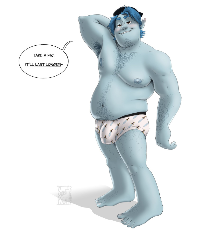 1boy 2023 armpit_hair barley_lightfoot belly blue_body blue_hair body_hair bulge clothing dialogue disney elf english_text genital_outline hair hat headgear headwear hi_res humanoid male male_only moobs navel nipples onward_(2020) overweight overweight_male penis_outline pixar solo sweetkiwinsfw text underwear