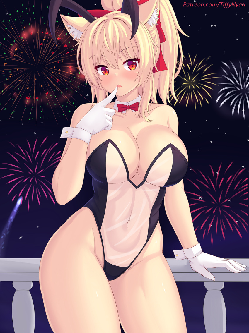 1girls blonde_hair breasts bunny_ears bunny_girl bunnysuit cat_ears catgirl cleavage female female_only fireworks fully_clothed highleg_leotard huge_breasts leotard light-skinned_female light_skin long_hair outdoors red_eyes revealing_clothes see-through_clothing skimpy_clothes thick_thighs thighs tiffy tiffynyaa transparent_bunnysuit wide_hips