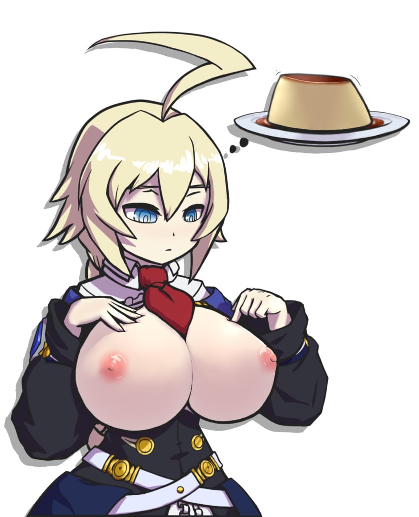 ahoge asura_senki belt blazblue blue_eyes braid breasts breasts_out cleavage deep_skin es_(xblaze) expressionless female food highres huge_ahoge huge_breasts impossible_clothes multiple_belts narrow_waist necktie nipples pudding red_necktie ringed_eyes single_braid solo thought_bubble underbust xblaze xblaze_code:_embryo