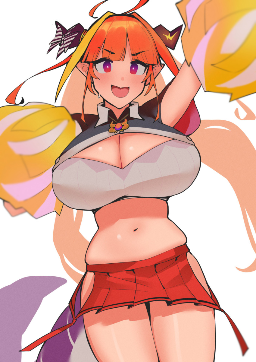 1girls ahoge breasts cheerleader cheerleader_uniform chubby cleavage cleavage_cutout cosplay cropped_shirt dismassd dragon dragon_girl female_only gradient_eyes hip_windows holoforce hololive hololive_japan horns huge_breasts kiryu_coco looking_at_viewer midriff miniskirt multicolored_hair open_mouth orange_eyes orange_hair pointy_ears pom_poms purple_eyes revealing_clothes skindentation skirt smile solo tail thick_thighs thighs two-tone_hair virtual_youtuber yellow_hair