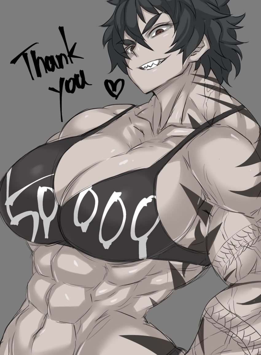 1girls abs big_breasts black_hair bra brown_eyes cleavage female female_only follower_celebration looking_at_viewer milestone_celebration muscular_female muscular_thighs original_character ryuko_mizobuti_(zokusuke) sharp_teeth smile solo solo_focus sports_bra tagme tattoos veins wide_hips zokusuke