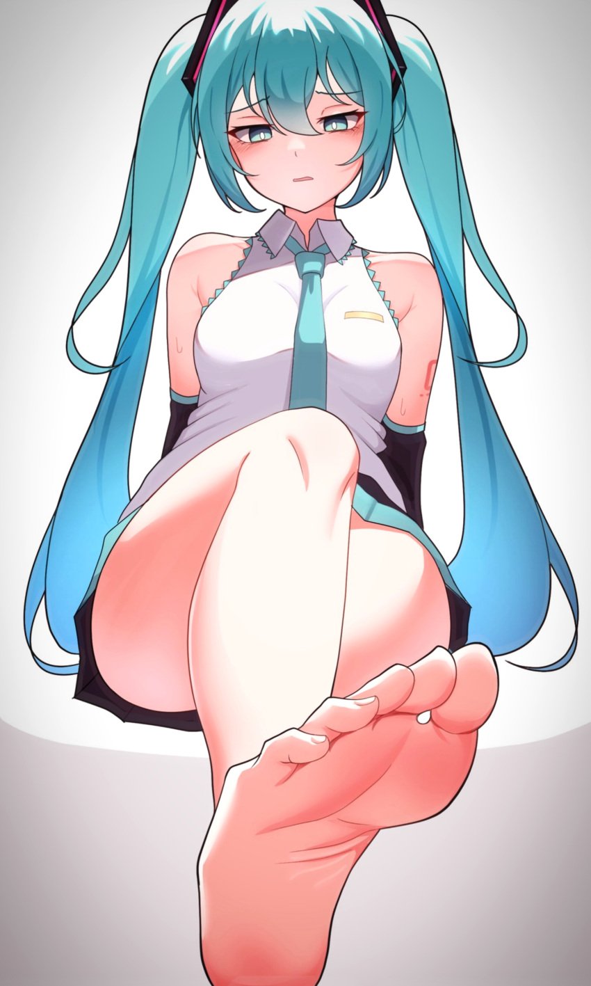 1girls bare_legs bare_shoulders barefoot blue_eyes blue_hair blushed_soles cum_request cute cute_face feet feet_fetish feet_focus feet_up foot_fetish foot_shot hatsune_miku imminent_cumshot imminent_footjob imminent_orgasm knees kumada_gaon legs seductive seductive_face seductive_gaze seductive_look seductive_pose small_breasts soles toes vocaloid