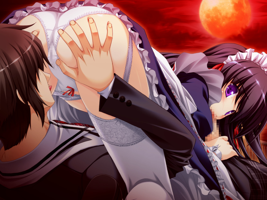 ass black_hair bloody_rondo censored game_cg kamizu_sayaka maid panties penis purple_eyes sakaki_maki sex stockings underwear