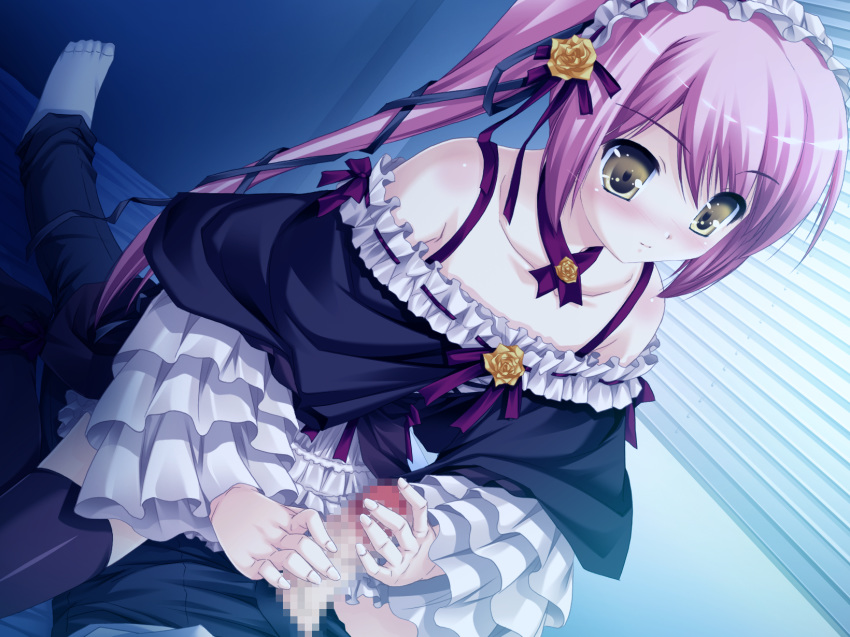 alice_(bloody_rondo) bloody_rondo blush censored game_cg lolita_fashion penis pink_hair sakaki_maki thighhighs yellow_eyes