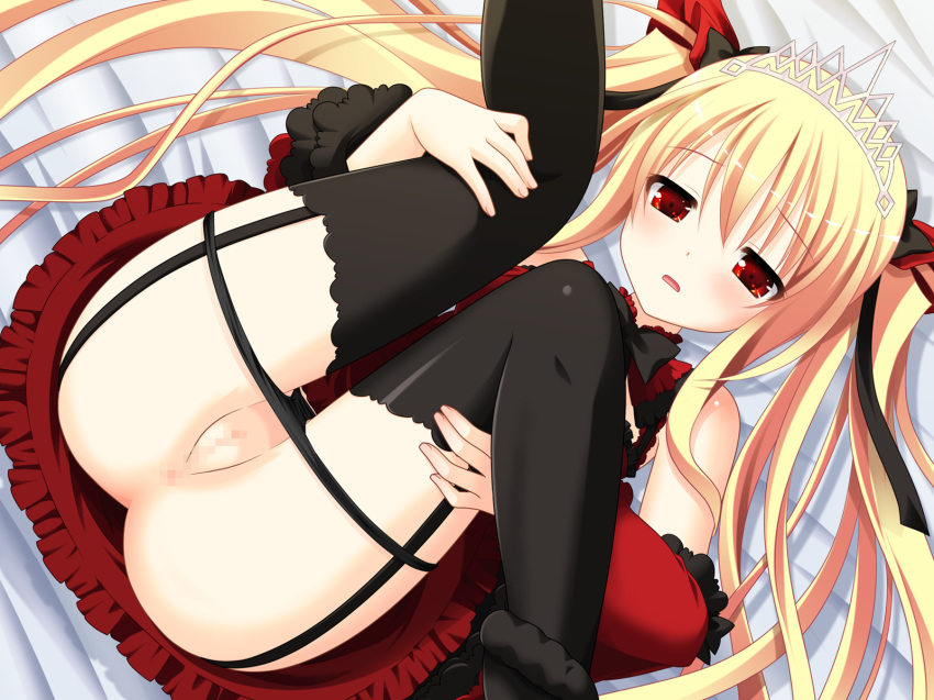 bed blonde_hair bloody_rondo censored game_cg luna_freed_queen makita_maki panties pussy red_eyes tied_hair twintails underwear