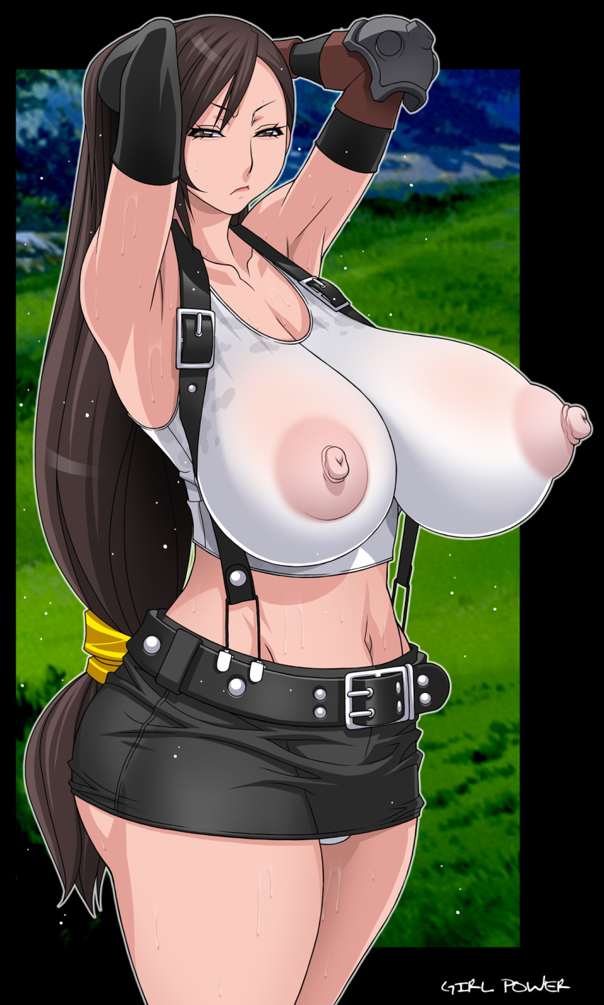 beige_skin breasts brown_eyes brown_hair closed_mouth clothes color female female_only final_fantasy final_fantasy_vii frown girl_power gloves hair hands_behind_head huge_breasts human long_hair nipples open_eyes raised_arms skirt solo standing suspenders sweat tifa_lockhart