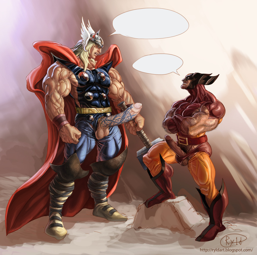 2boys avengers erection excessive_muscles human human_only james_howlett light-skinned_male light_skin male male_only marvel mature mature_male mutant penis penis_out ryld speech_bubble thor_(marvel) thor_(series) wolverine_(x-men) x-men yaoi