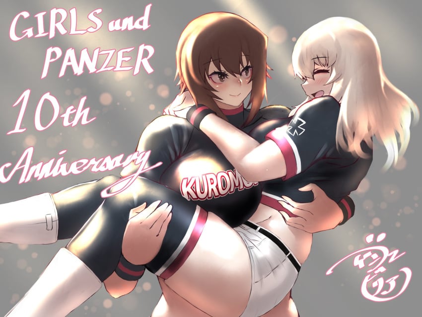 2girls arm_scrunchie bangs blush bougainvillea_(unnryuu) brown_eyes brown_hair carrying cute girls_und_panzer grey_hair highres itsumi_erika jersey long_sleeves medium_hair multiple_girls muscular muscular_female nishizumi_maho open_mouth princess_carry shirt short_hair smile sportswear uniform yuri