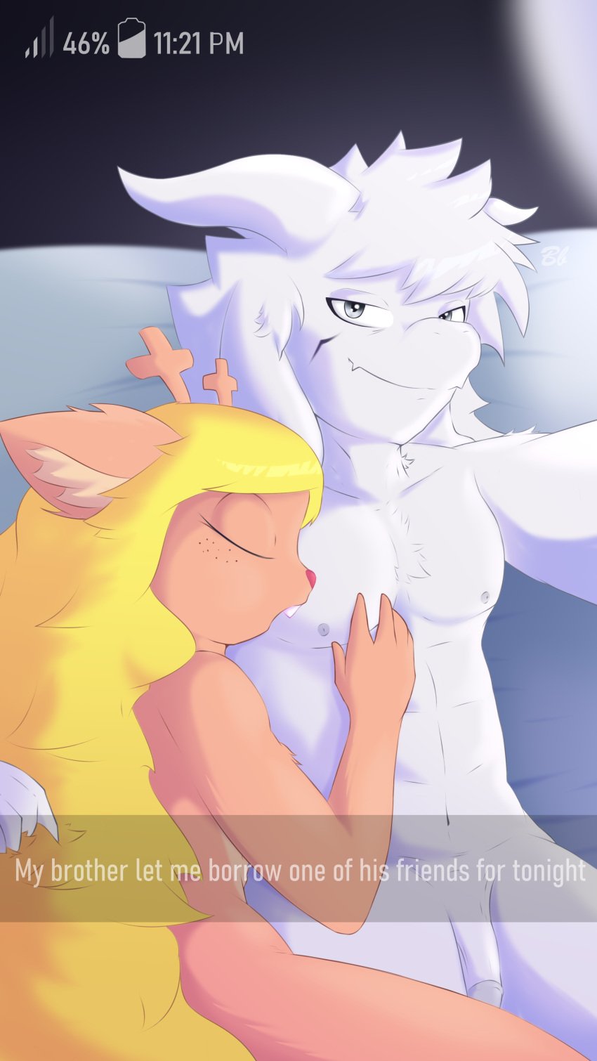 absurd_res after_sex anthro antlers asriel_dreemurr bed bingbingo_(artist) blonde_hair bovid buckteeth caprine closed_eyes deer deltarune doe_with_antlers duo english_text facial_tattoo female freckles fur furniture genitals goat grey_eyes hair hand_on_hair hi_res holding_partner horn long_ears long_hair lying male male/female mammal navel nipples noelle_holiday nude on_back open_mouth penis phone_screen pillow red_nose selfie signature sleeping_on_partner smile smug tattoo teeth text text_box tuft undertale undertale_(series) white_body white_fur